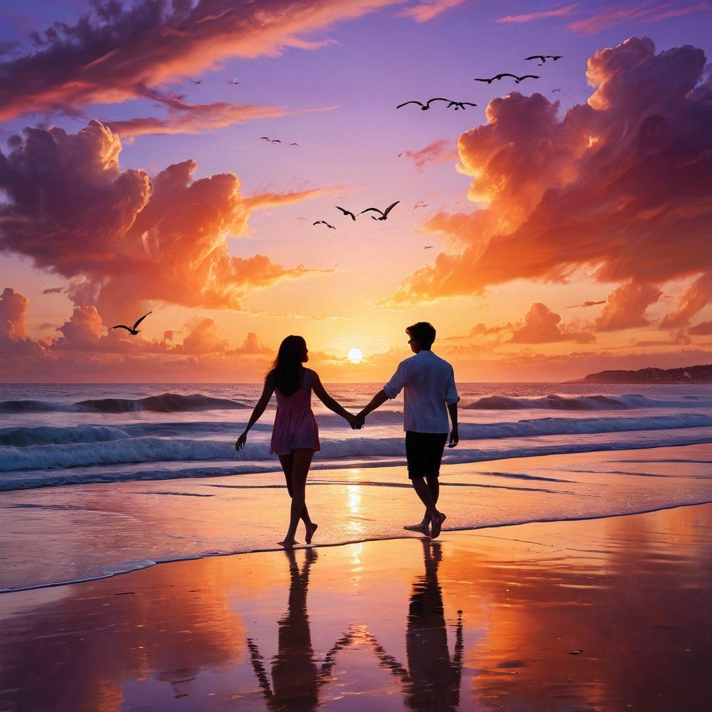A whimsical scene of two teenagers walking along a beach at sunset, hands intertwined, with gentle waves lapping at their feet. Surround them with heart-shaped clouds and silhouettes of seagulls flying overhead, reflecting the mix of emotions and adventures of teenage love. The sky is painted in warm hues of orange, pink, and purple, creating a dreamy atmosphere. playful, romantic style. vibrant colors. super-realistic.