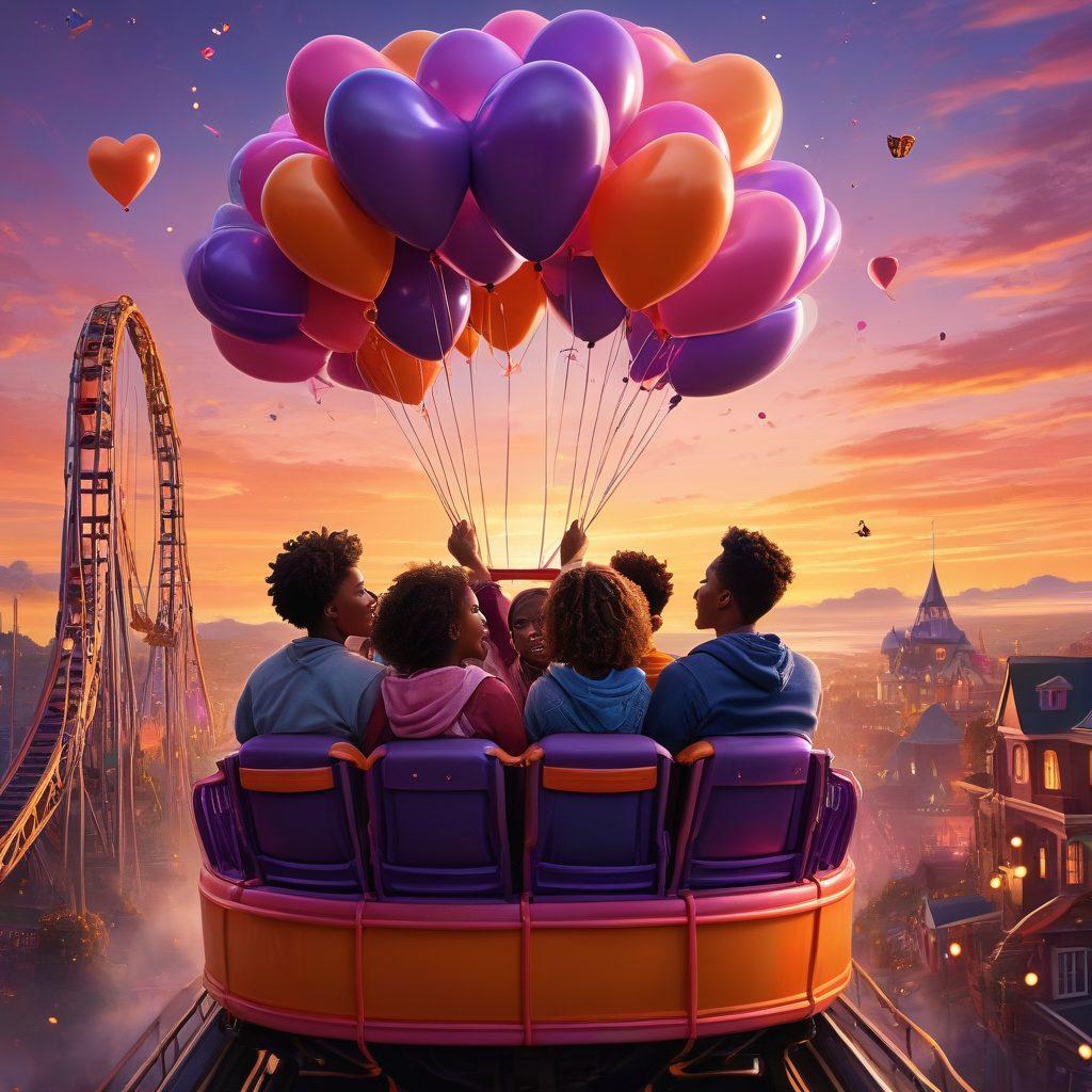 A vibrant scene capturing a group of diverse teenagers on a thrilling rollercoaster ride, their expressions a mix of excitement and nervous love. Include heart-shaped balloons floating in the sky, and the backdrop should feature a colorful sunset to symbolize the emotional highs and lows of young romance. Incorporate elements like butterflies and sparkles to evoke a sense of youth and hope. super-realistic. vibrant colors. 3D.