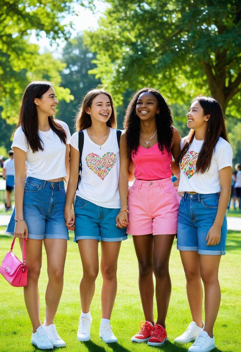 A vibrant scene depicting a diverse group of teens engaging in various social activities in a sunny park, showcasing genuine interactions like laughter, shy glances, and supportive conversations. Include elements of heart shapes subtly integrated into the background, symbolizing affection and friendship. Dress the teens in trendy outfits with colorful accessories to represent youthful energy. Bright colors, dynamic poses, and an inviting atmosphere to emphasize the theme of love and friendship. vibrant colors. super-realistic.